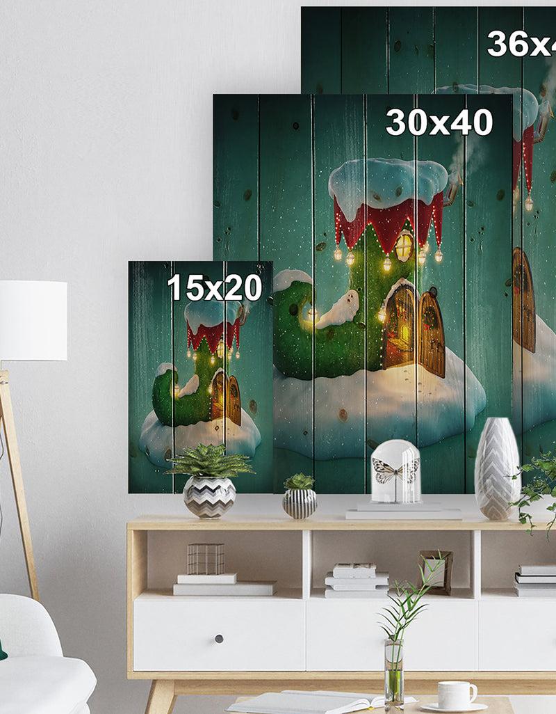 DesignQ Elf Shoe House On Snow Christmas Island - Print On Natural Pine Wood