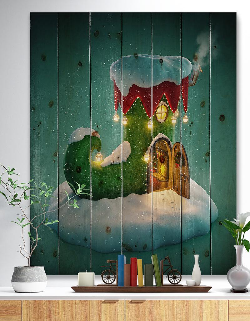 DesignQ Elf Shoe House on Snow Christmas Island - Print on Natural Pine Wood