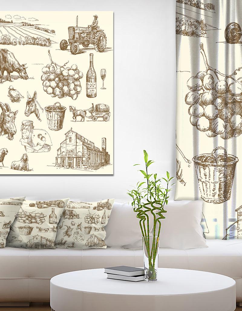 DesignQ Farm Collection - Sketch Of Farmhouse Animals Of Painting Print On Wrapped Canvas