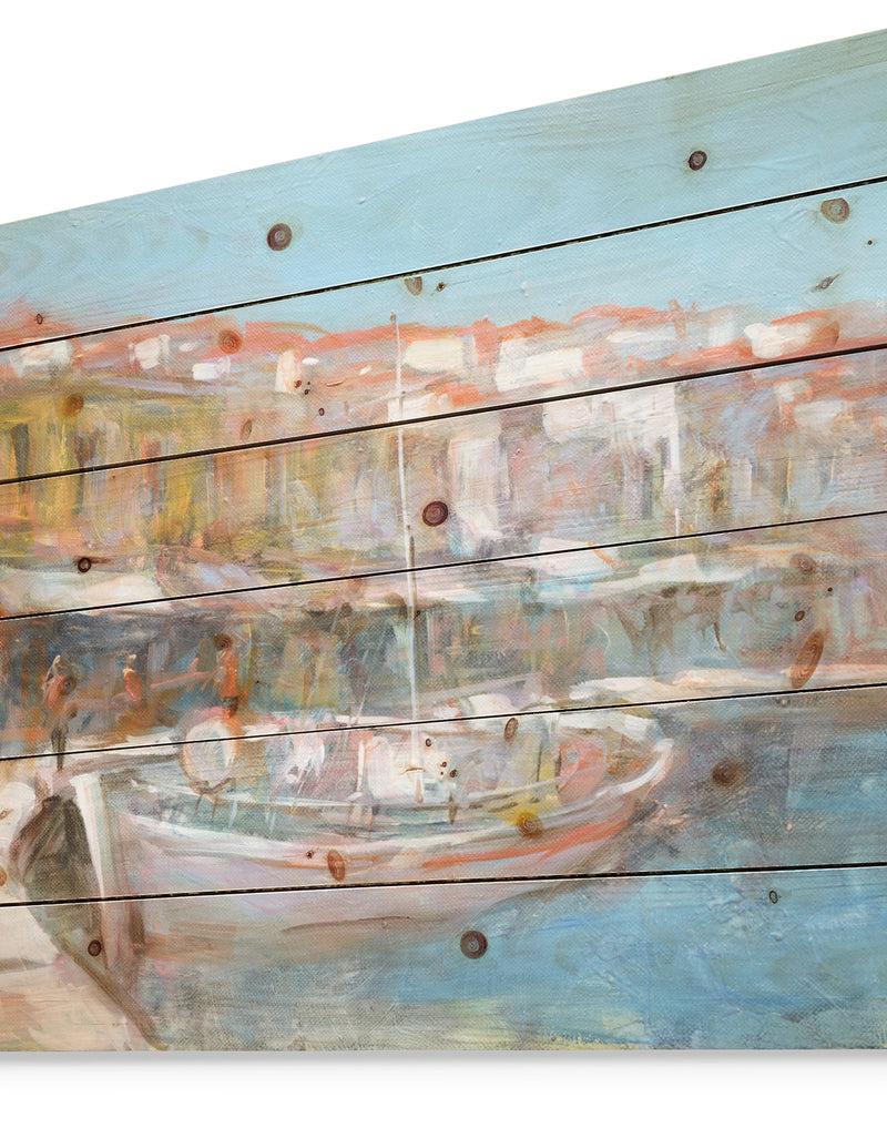DesignQ Fishing Boat In Croatian Coast - Sea & Shore Painting Print On Natural Pine Wood