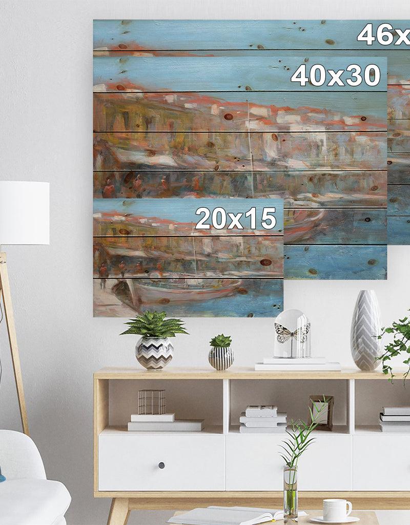 DesignQ Fishing Boat In Croatian Coast - Sea & Shore Painting Print On Natural Pine Wood