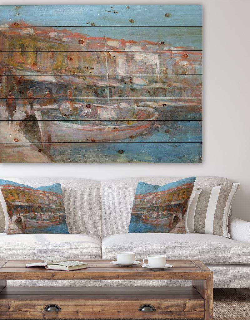DesignQ Fishing boat in Croatian Coast - Sea & Shore Painting Print on Natural Pine Wood