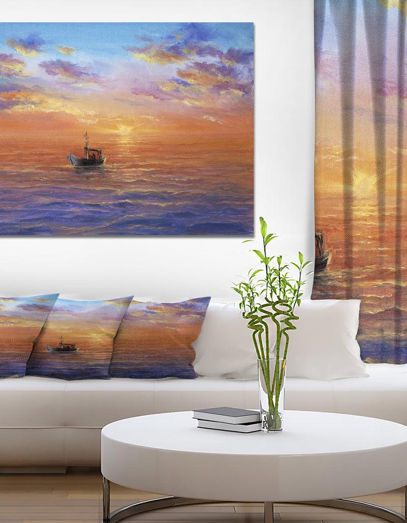 DesignQ Fishing Boat in Golden Sunset - Sea & Shore Painting Print on Wrapped Canvas