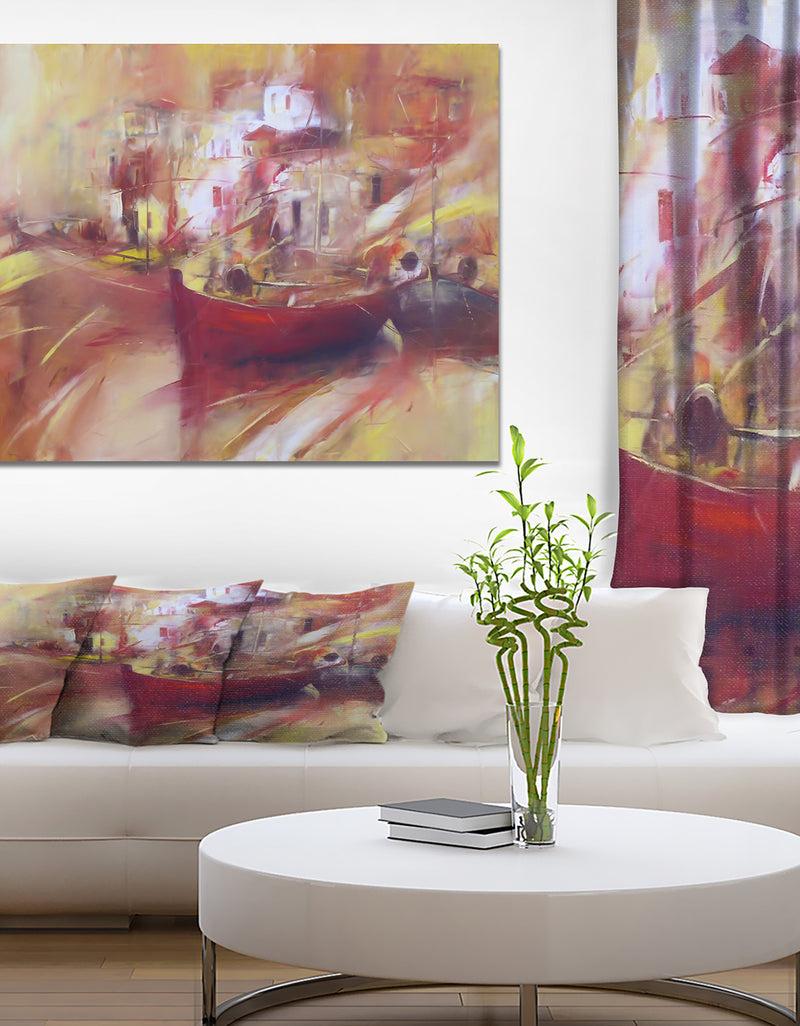DesignQ Fishing Boats moored in the harbor - Nautical Painting Print on Wrapped Canvas