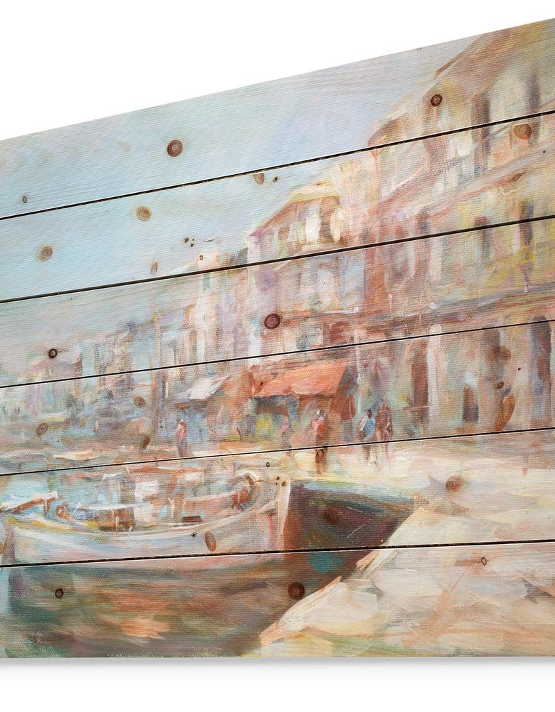 DesignQ Five Old Fishing Boats In Harbor - Sea & Shore Painting Print On Natural Pine Wood