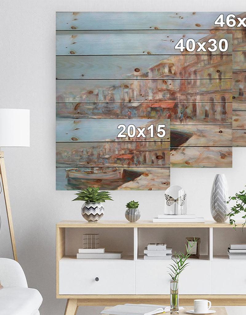 DesignQ Five Old Fishing Boats In Harbor - Sea & Shore Painting Print On Natural Pine Wood