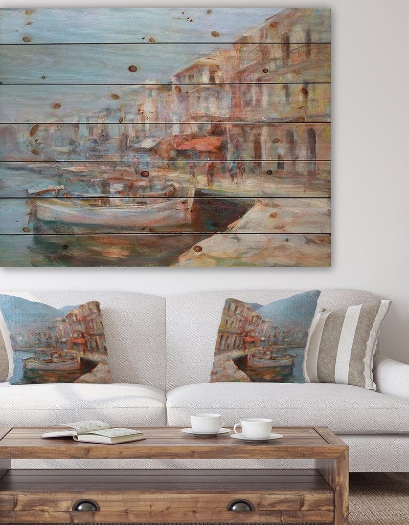 DesignQ Five Old Fishing Boats in harbor - Sea & Shore Painting Print on Natural Pine Wood