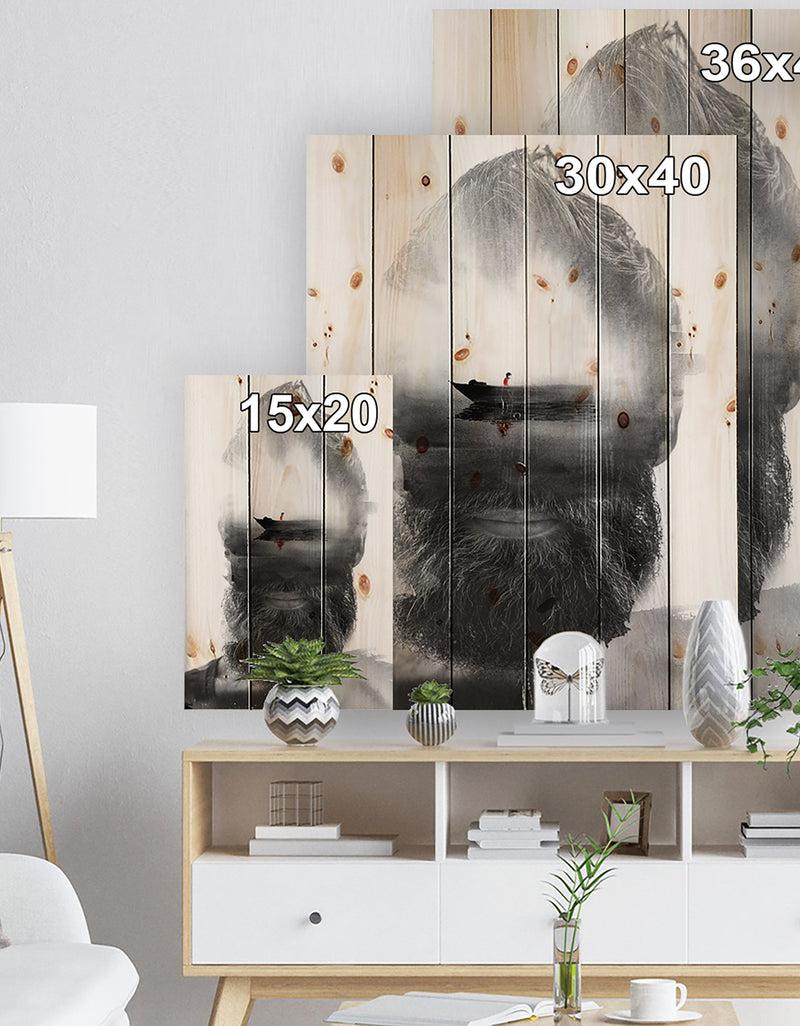 DesignQ Floating Boat In Man Portrait - Glamour Painting Print On Natural Pine Wood