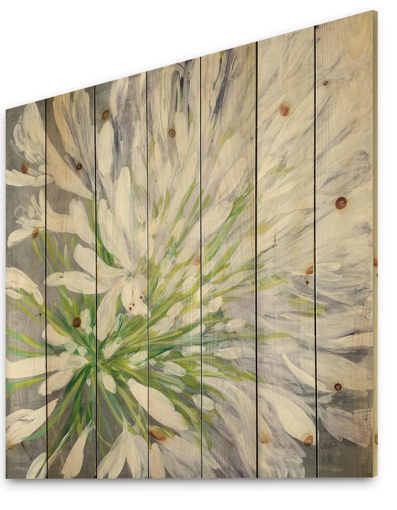 DesignQ Flower Cleome Splash II - Traditional Floral Print On Natural Pine Wood