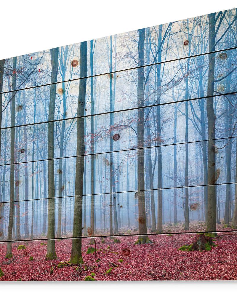DesignQ Foggy Forest In Blue And Pink Photo - Modern Forest Print On Natural Pine Wood