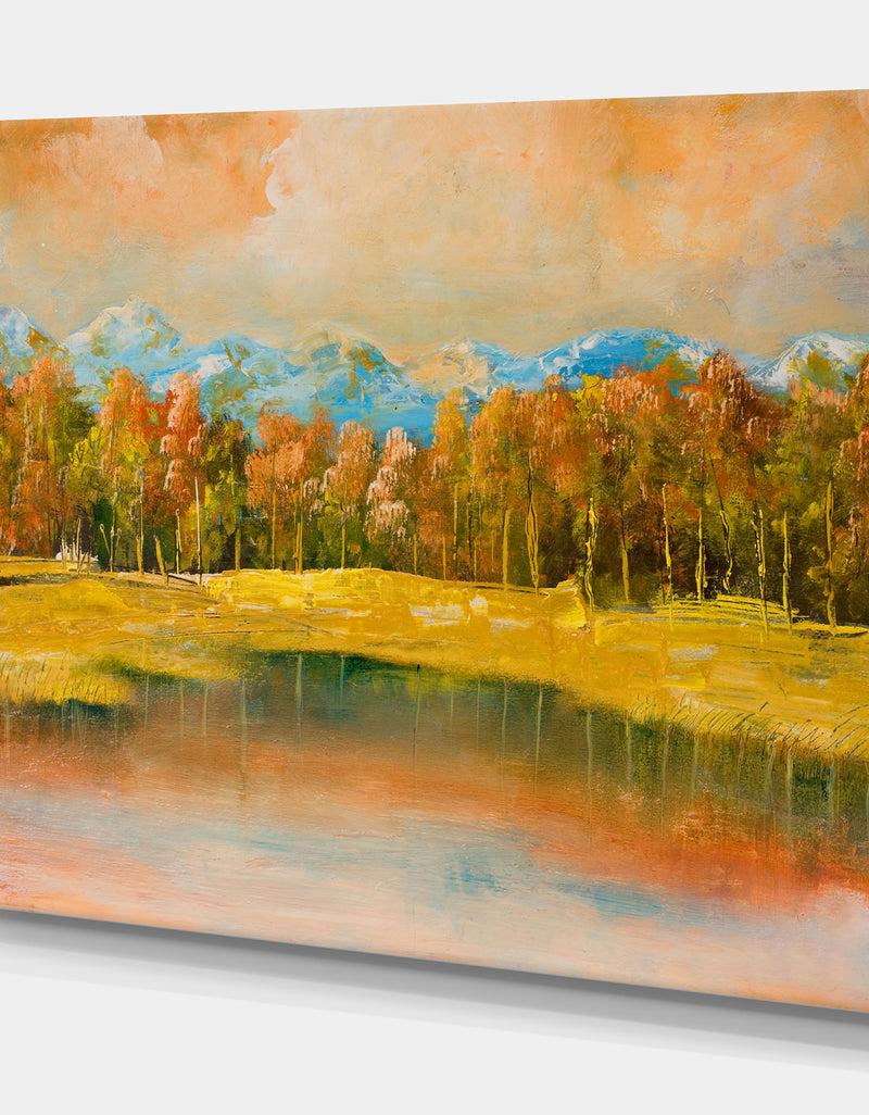 DesignQ Forest Under Blue Winter Mountain - Landscapes Painting Print On Wrapped Canvas