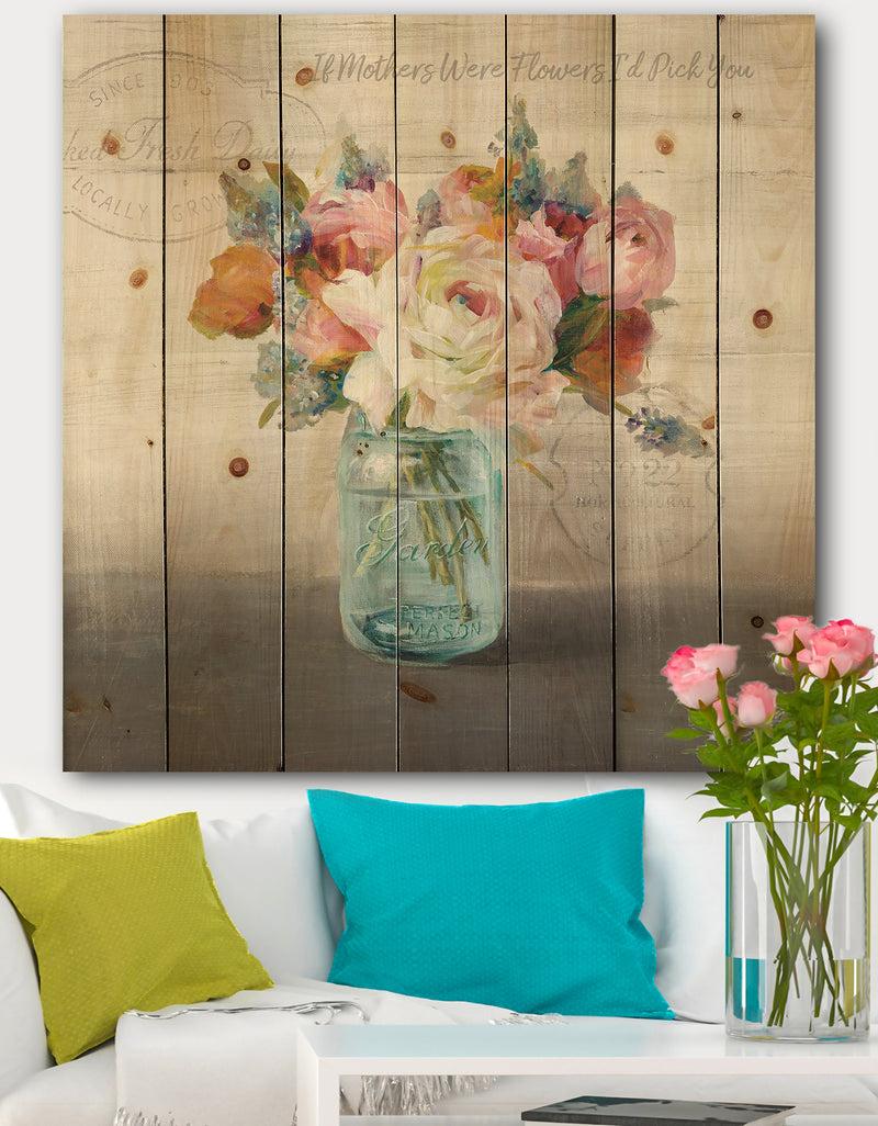 DesignQ French Cottage Bouquet II Mothers - Cottage Print on Natural Pine Wood