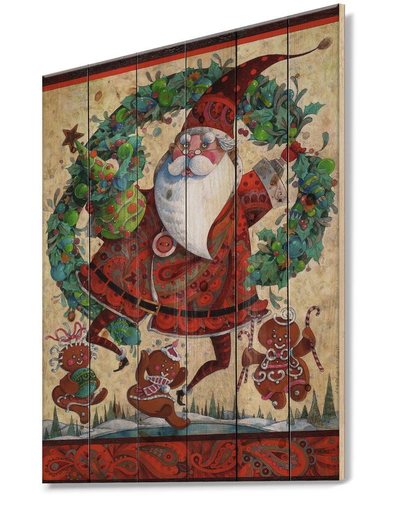 DesignQ Frolic Santa With Gingerbread Men And Wreathe - Print On Natural Pine Wood