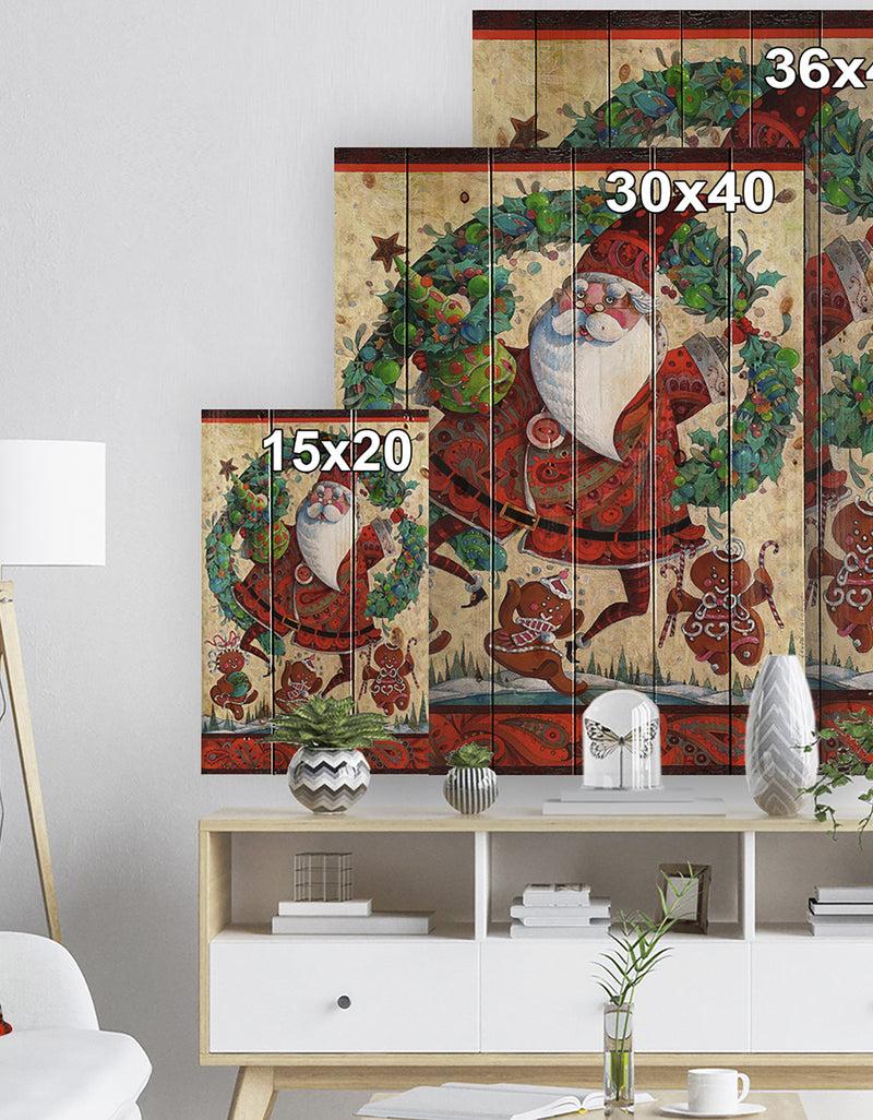 DesignQ Frolic Santa With Gingerbread Men And Wreathe - Print On Natural Pine Wood