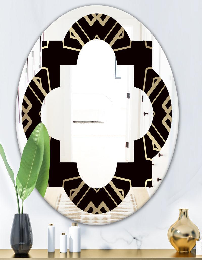 DesignQ Gold And Black Art Deco Pattern - Modern Round Or Oval Wall Mirror - Quatrefoil