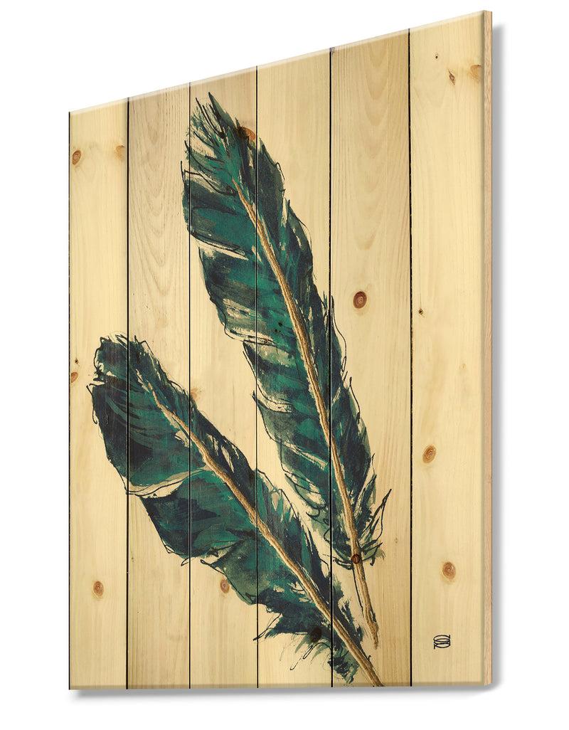 DesignQ Gold Indigo Feathers III - Modern Bohemian Print On Natural Pine Wood