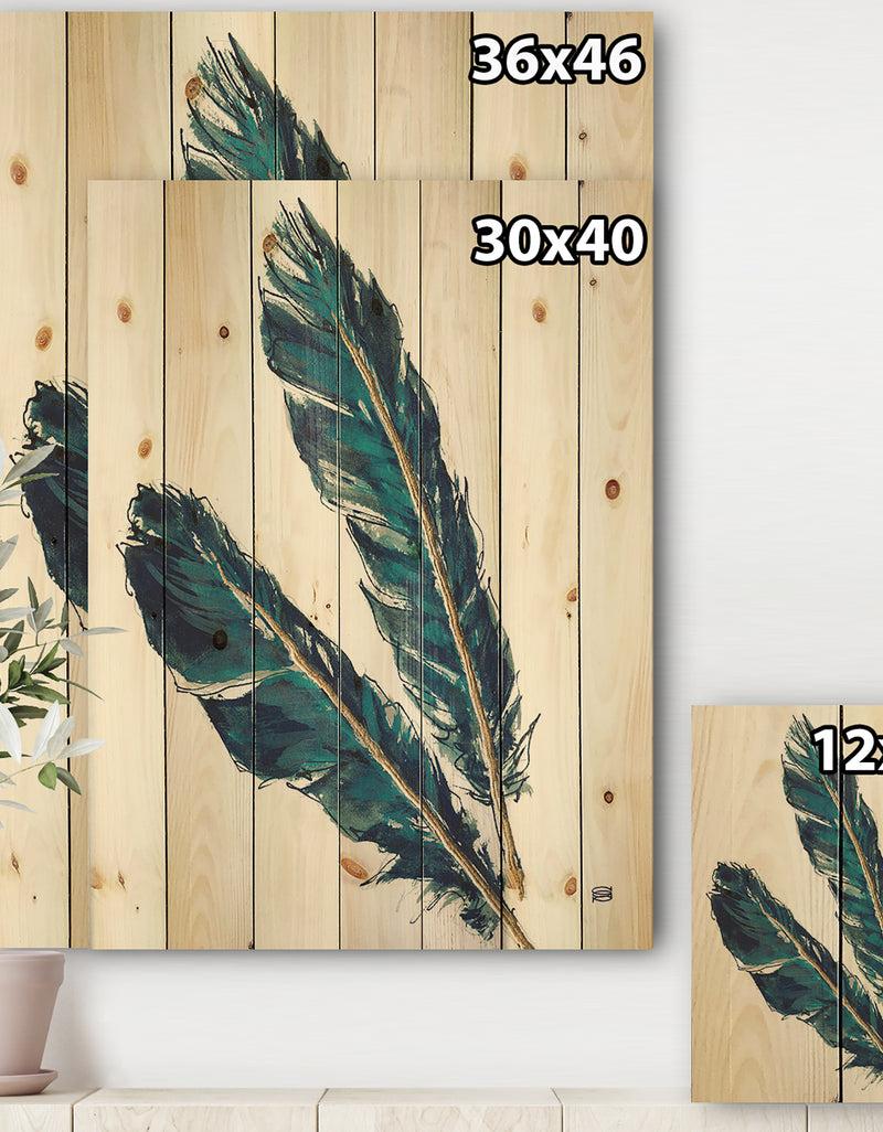 DesignQ Gold Indigo Feathers III - Modern Bohemian Print On Natural Pine Wood