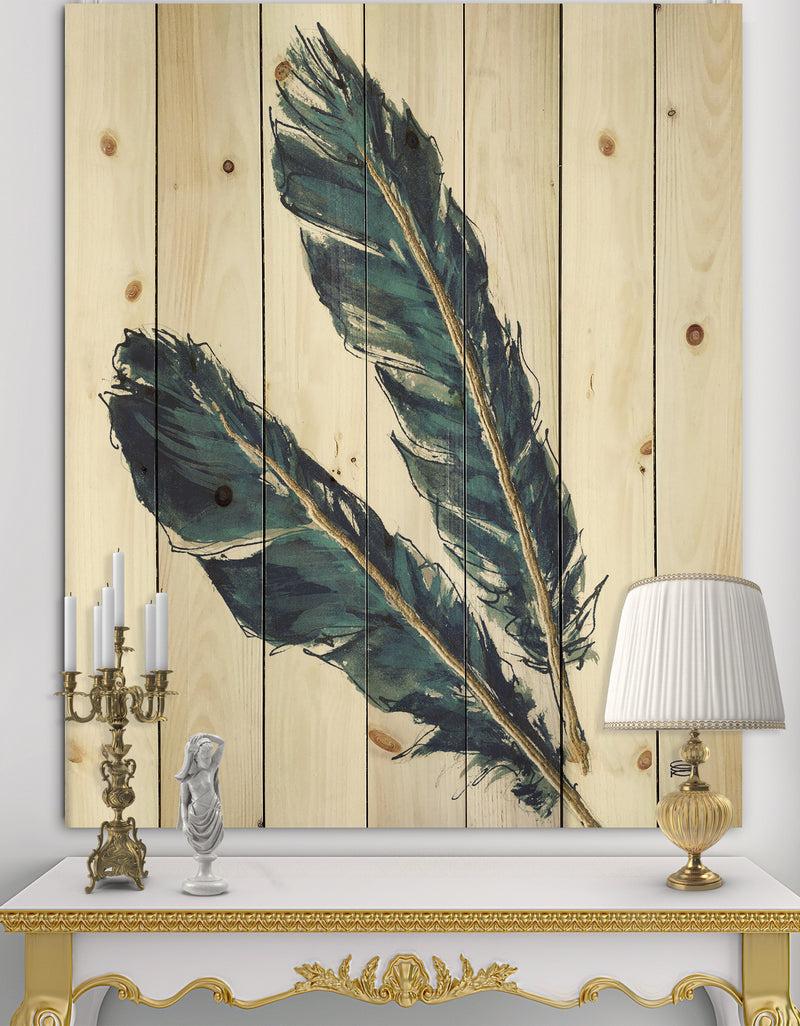 DesignQ Gold Indigo Feathers III - Modern Bohemian Print on Natural Pine Wood