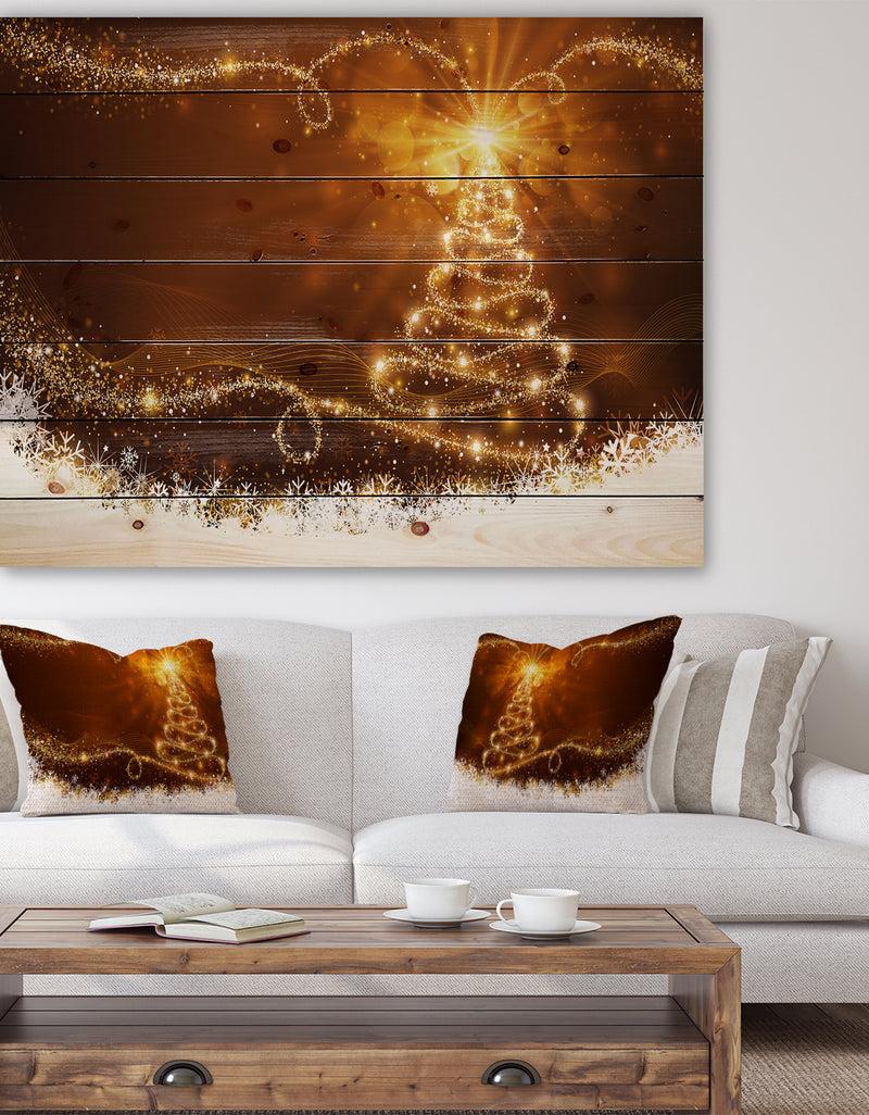 DesignQ Golden Christal Tree Star on White Snow Flakes - Print on Natural Pine Wood