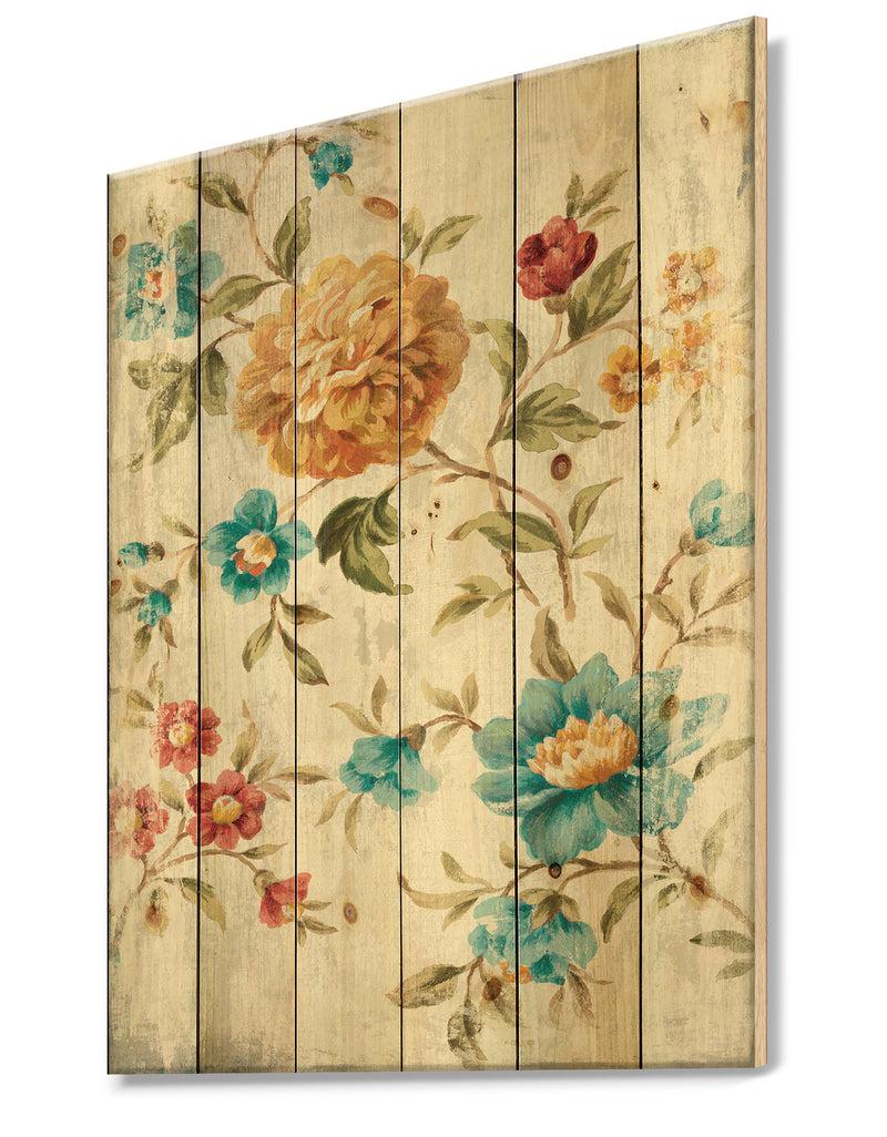 DesignQ Golden Flowers - Cabin & Lodge Print On Natural Pine Wood