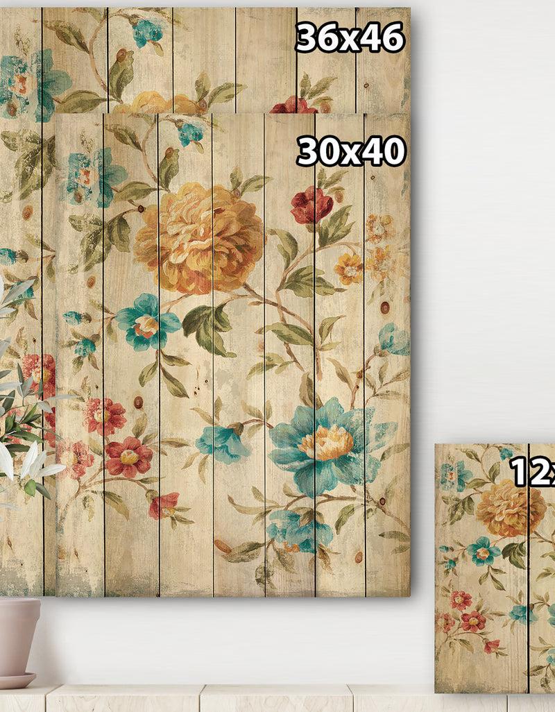 DesignQ Golden Flowers - Cabin & Lodge Print On Natural Pine Wood