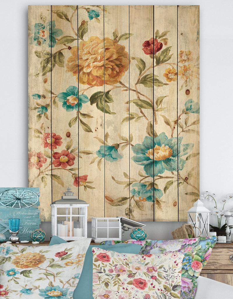 DesignQ Golden Flowers - Cabin & Lodge Print on Natural Pine Wood
