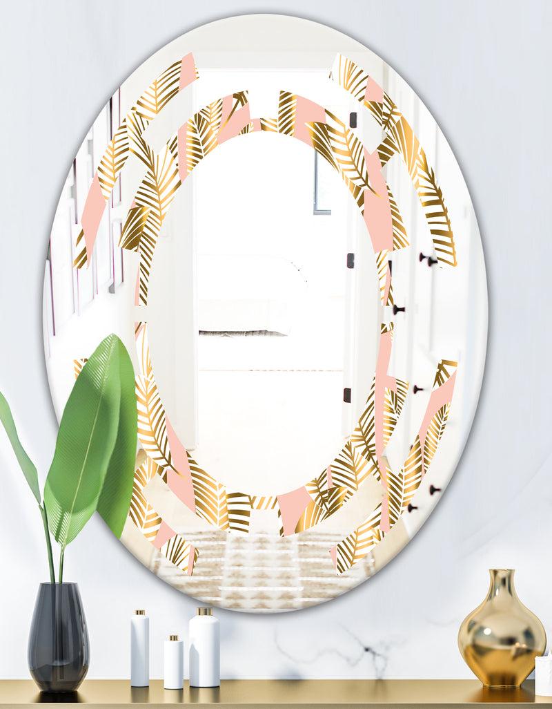 DesignQ Golden Palm Leaves I - Modern Round Or Oval Wall Mirror - Space
