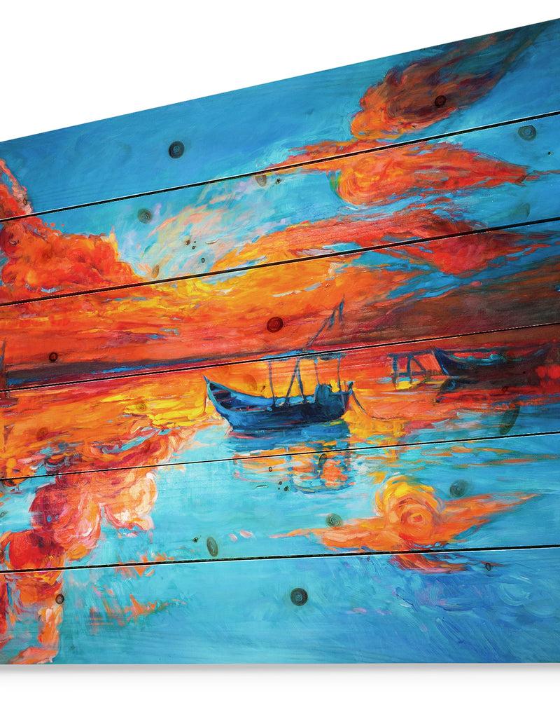 DesignQ Golden Sunsent And Blue Sky Over Sail Boats - Nautical Painting Print On Natural Pine Wood