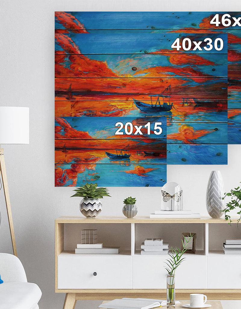 DesignQ Golden Sunsent And Blue Sky Over Sail Boats - Nautical Painting Print On Natural Pine Wood