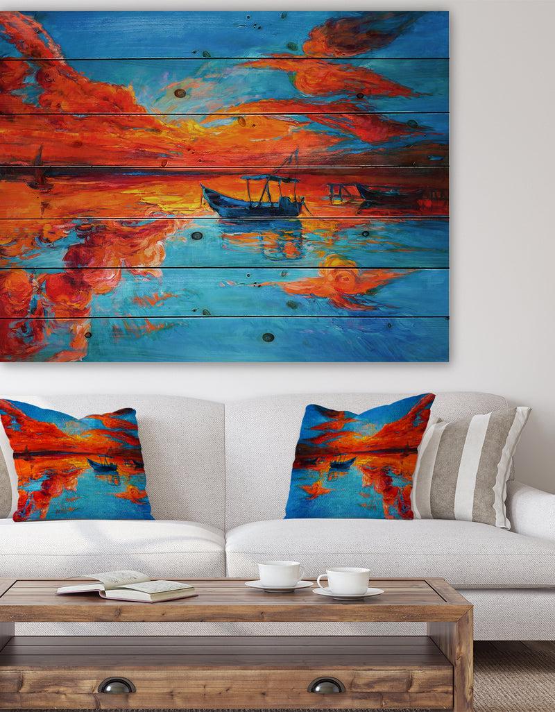 DesignQ Golden Sunsent and Blue Sky over Sail Boats - Nautical Painting Print on Natural Pine Wood