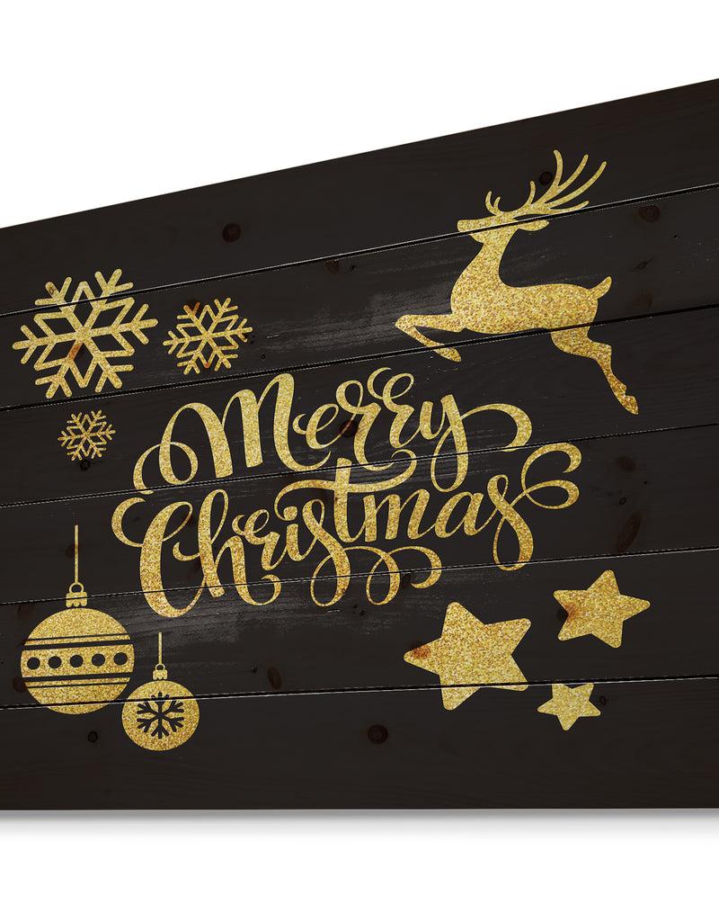 DesignQ Handwritten Merry Christmas Wish With Reindeer Star Christmas Tree Balls - Print On Natural Pine Wood
