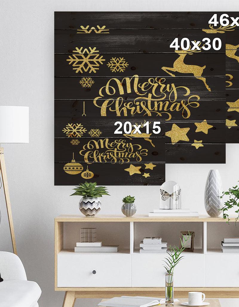 DesignQ Handwritten Merry Christmas Wish With Reindeer Star Christmas Tree Balls - Print On Natural Pine Wood