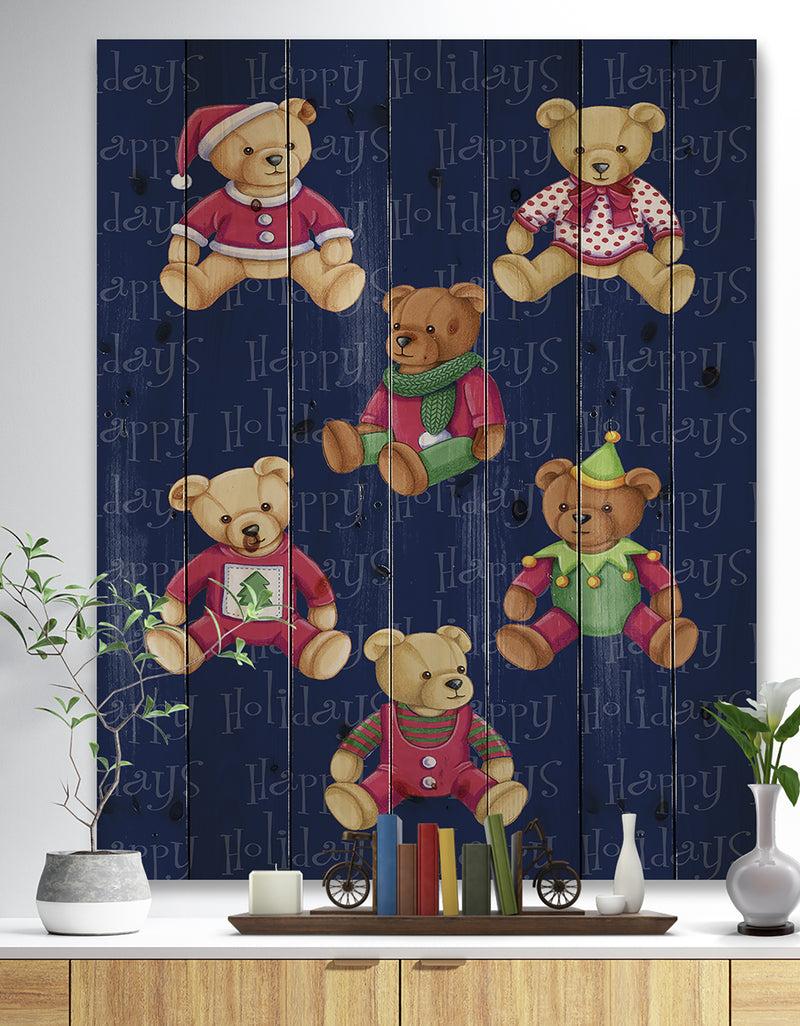 DesignQ Happy Holidays Christmas Bears - Print on Natural Pine Wood