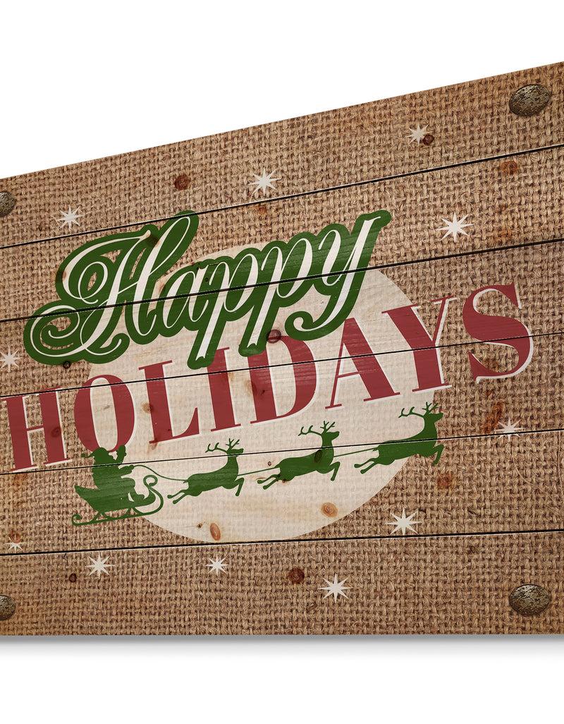 DesignQ Happy Holidays Christmas Wish On Burlap - Print On Natural Pine Wood