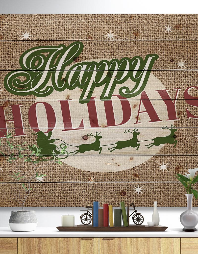 DesignQ Happy Holidays Christmas Wish on Burlap - Print on Natural Pine Wood