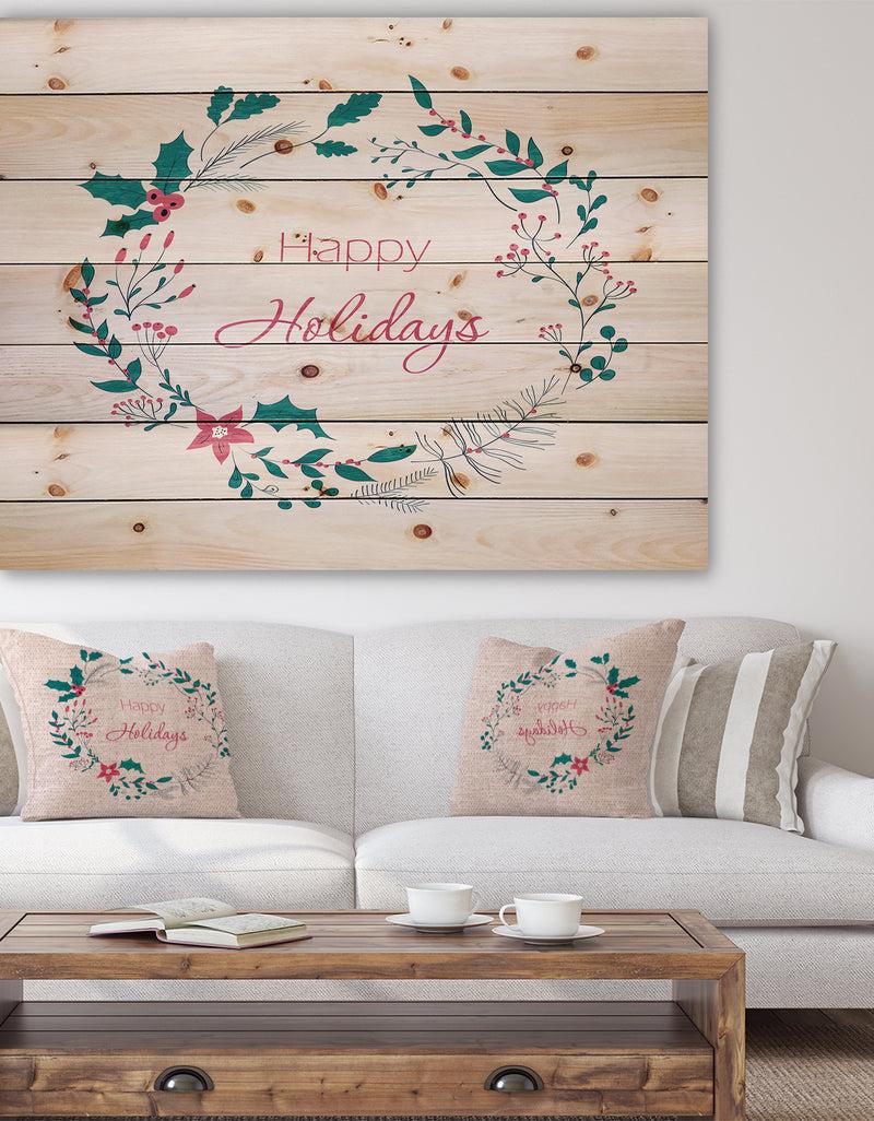 DesignQ Happy Holidays in Christmas Wreath - Print on Natural Pine Wood