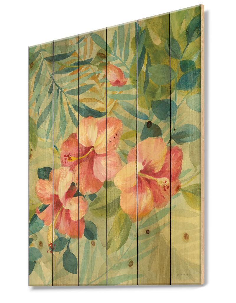 DesignQ Hibiscus Garden III - Traditional Print On Natural Pine Wood