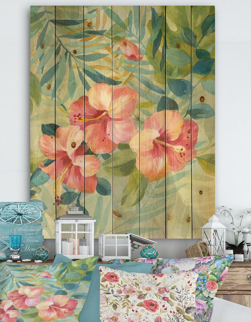 DesignQ Hibiscus Garden III - Traditional Print on Natural Pine Wood