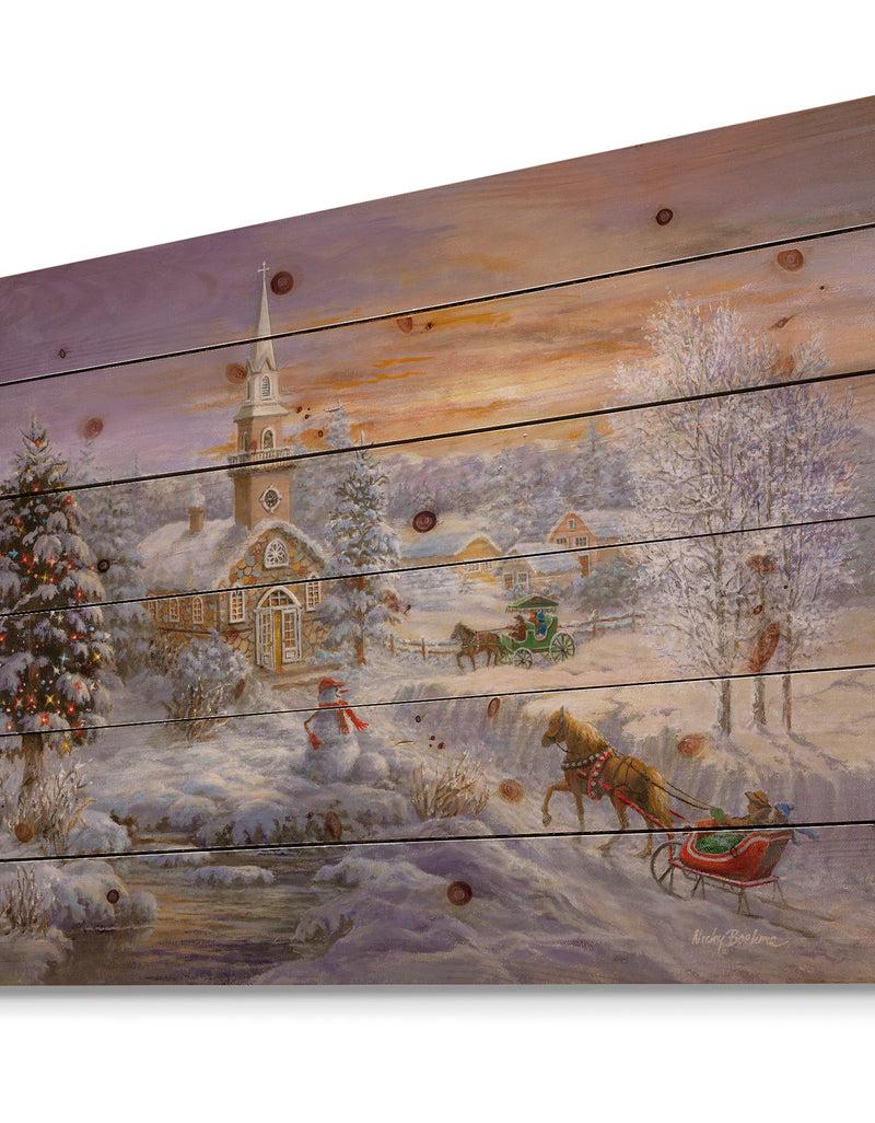 DesignQ Holiday Worship Winter Scene With Sleigh And Church - Print On Natural Pine Wood