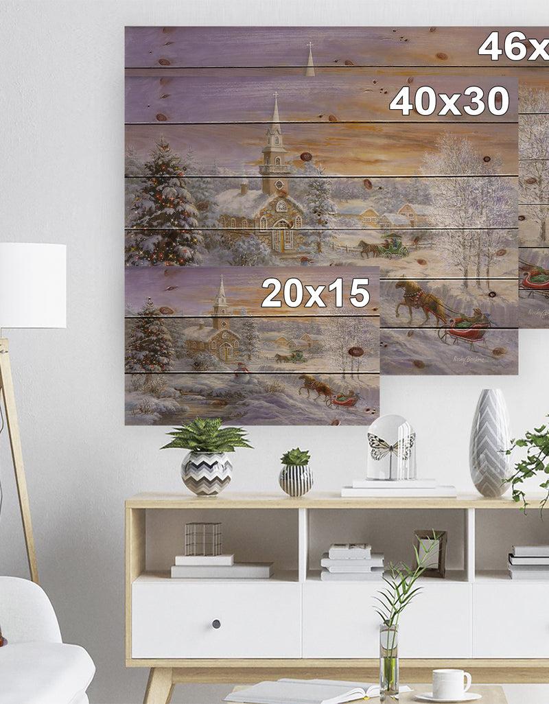 DesignQ Holiday Worship Winter Scene With Sleigh And Church - Print On Natural Pine Wood