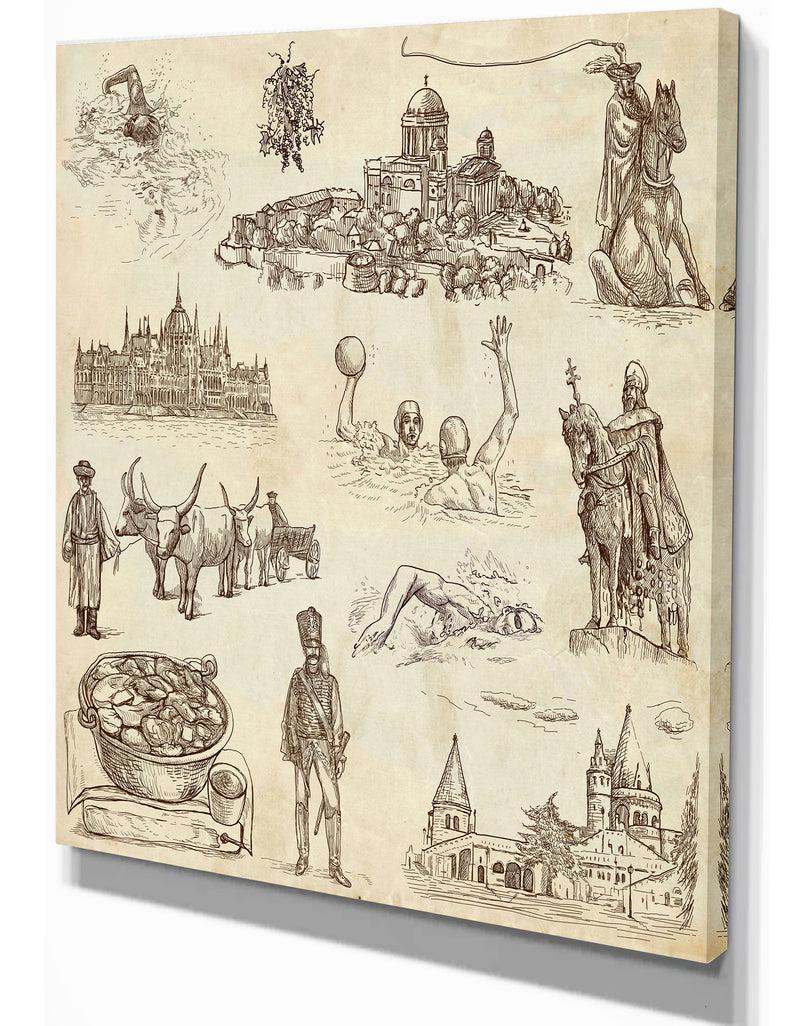 DesignQ Hungary Illustratin In Old Paper - People Painting Print On Wrapped Canvas