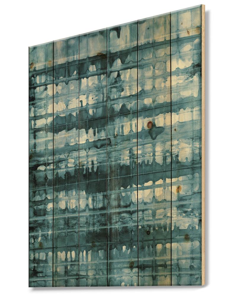 DesignQ Indigo Watercolor Geometrical V - Contemporary Print On Natural Pine Wood