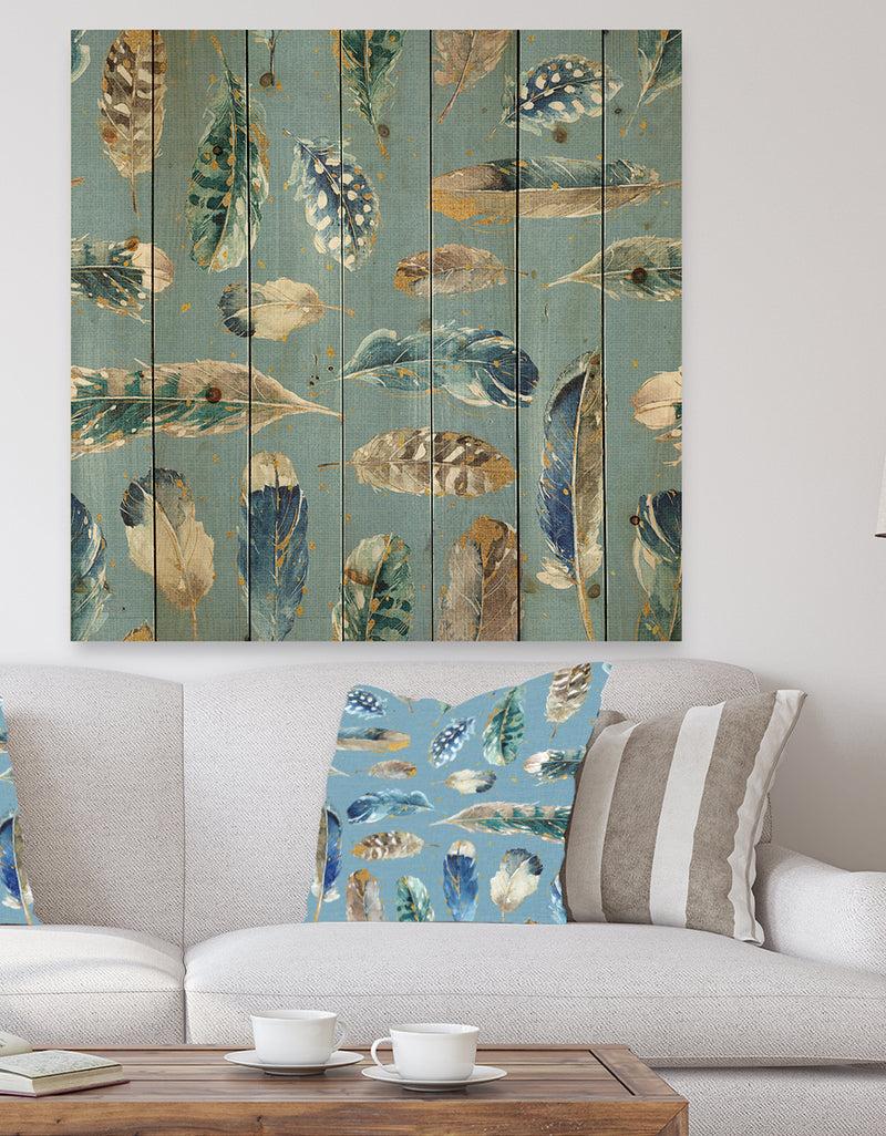 DesignQ Indigold Feathers Turquoise Pattern - Floral Print on Natural Pine Wood