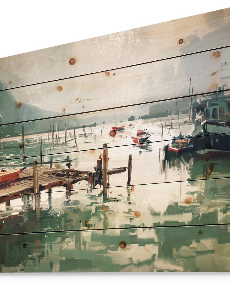 DesignQ Jetty And Fishing Boats At Harbor - Nautical Sea & Shore Print On Natural Pine Wood