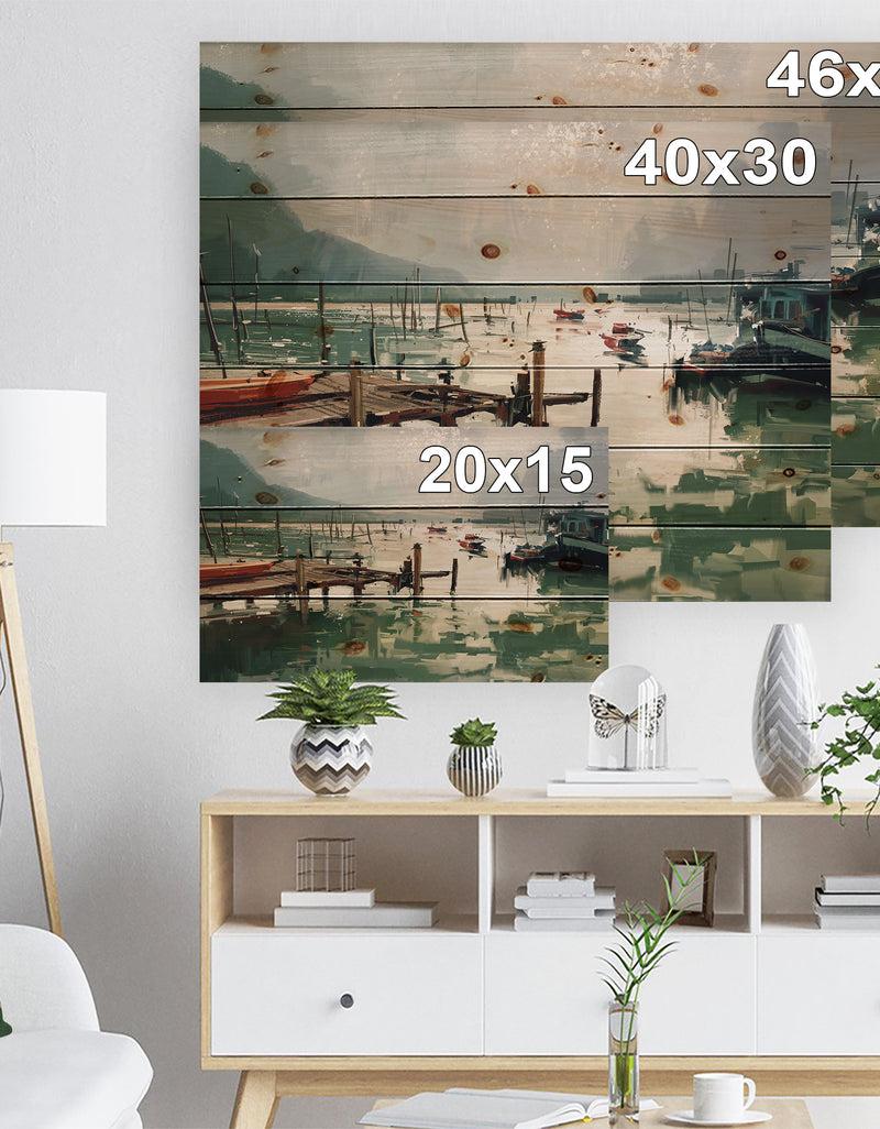 DesignQ Jetty And Fishing Boats At Harbor - Nautical Sea & Shore Print On Natural Pine Wood