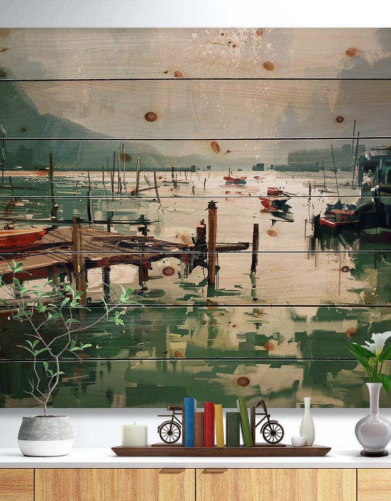 DesignQ Jetty and fishing boats at harbor - Nautical Sea & Shore Print on Natural Pine Wood