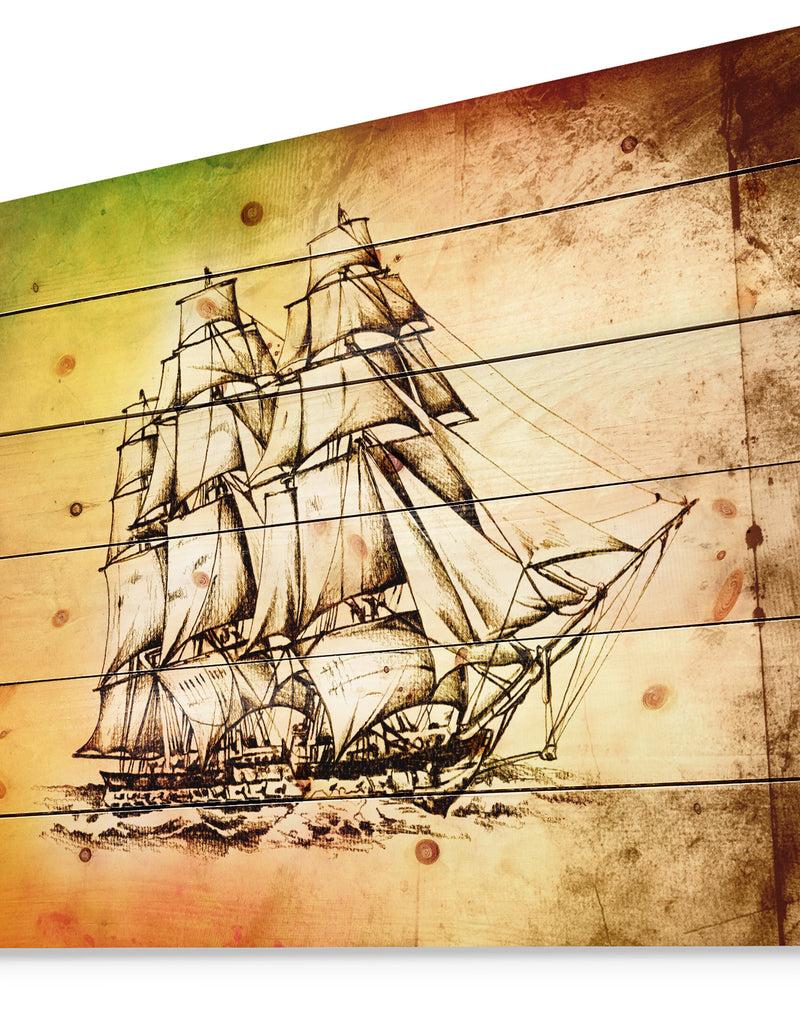 DesignQ Large Ancient Moving Boat - Seashore Print On Natural Pine Wood
