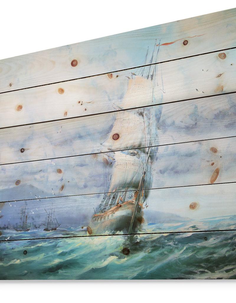 DesignQ Large Sailboat - Sea & Shore Painting Print On Natural Pine Wood