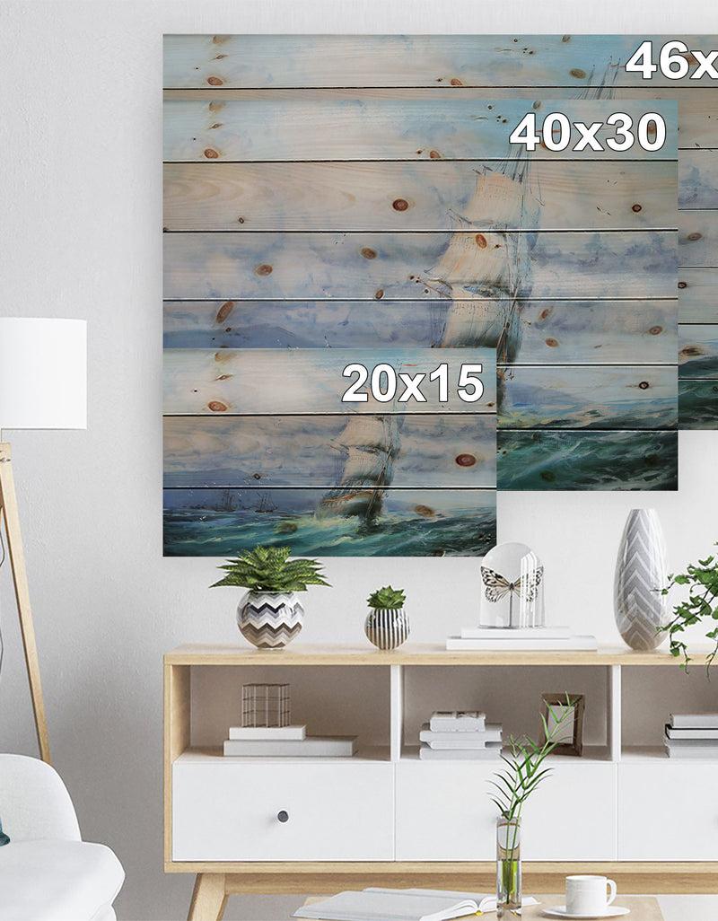 DesignQ Large Sailboat - Sea & Shore Painting Print On Natural Pine Wood