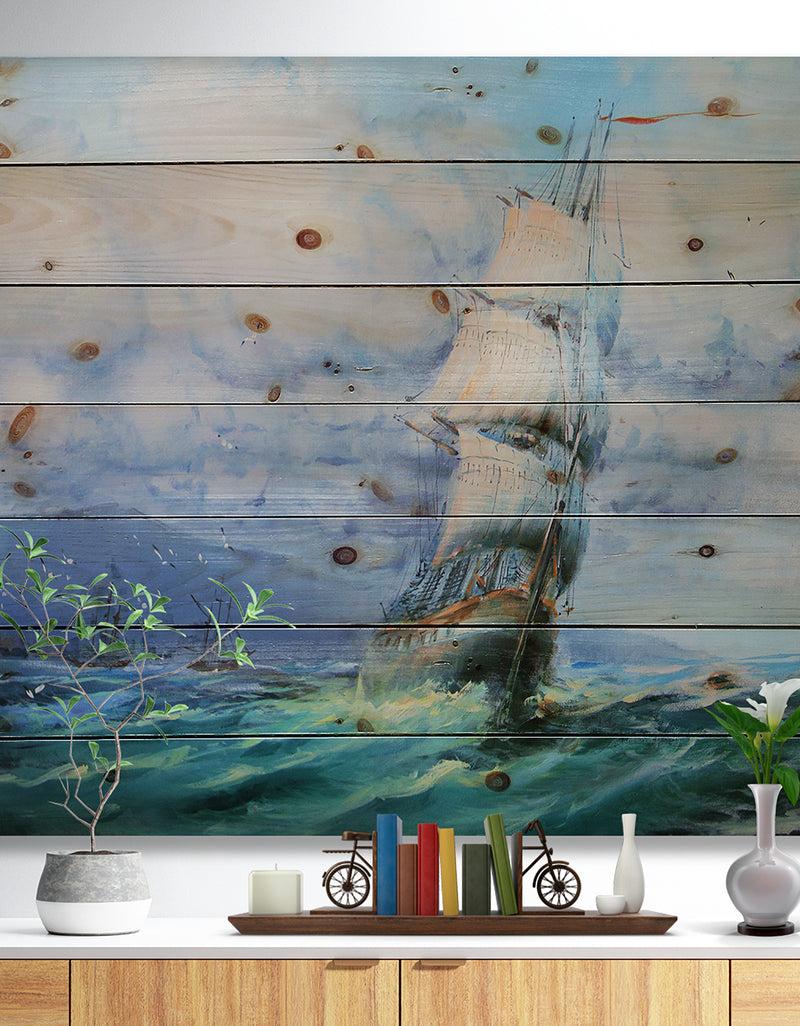 DesignQ Large Sailboat - Sea & Shore Painting Print on Natural Pine Wood